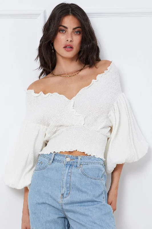 women's tops for those who want to wear pieces that are both functional and fashionableWhite Wrap Top Three-Quarter Off Shoulder Sweetheart