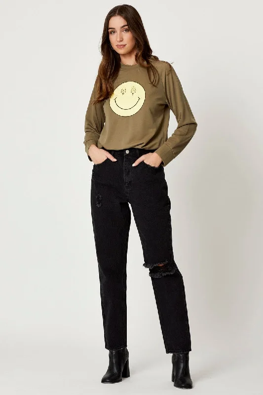 women's tops for those who prefer classic over trendy stylesGreen Smiley Face Sweater