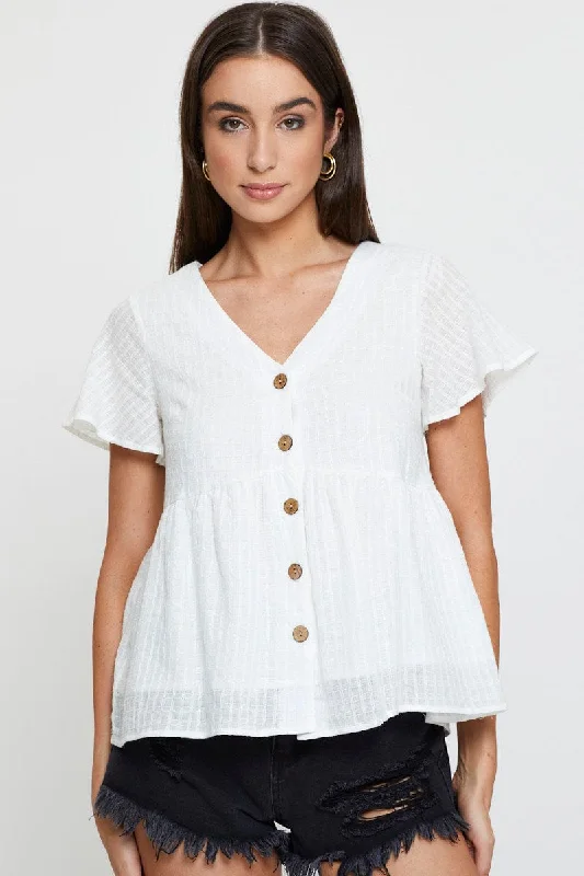 women's tops for beach outingsWhite Peplum Top Short Sleeve V-Neck Button Front