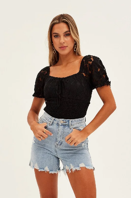 women's tops for those who want to create outfits that are both trendy and timelessBlack Lace Bodysuit Short Sleeve Sweetheart Neckline