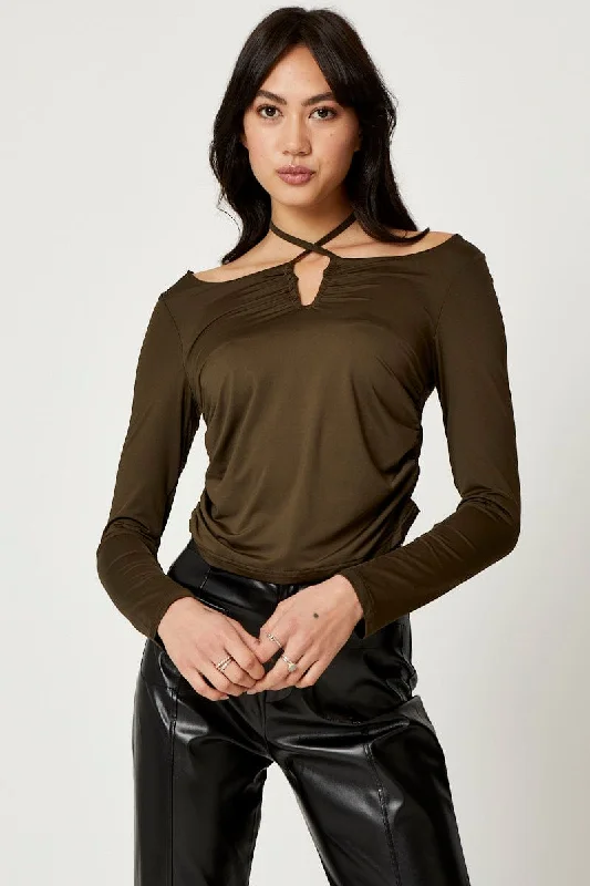 women's tops for mixing and matching with different bottomsGreen Halter Off Shoulder Top