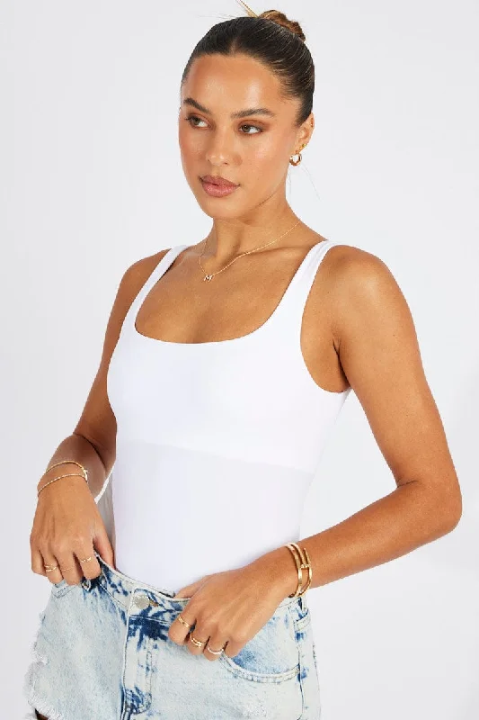 women's tops for those who want to wear versatile pieces that can be dressed up or downWhite Bodysuit Scoop Neck Seamless