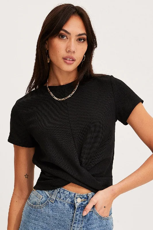 women's tops for those who want to add a touch of elegance and sophistication to their everyday wearBlack Twist Top Short Sleeve Crew Neck