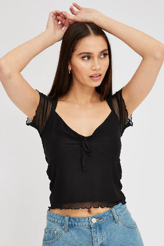 women's tops with unique designsBlack Mesh Top Short Sleeve