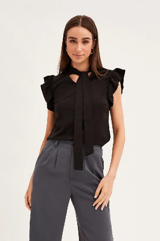 women's tops with lace-up frontsBlack Tie Front Ruffle Sleeve Top