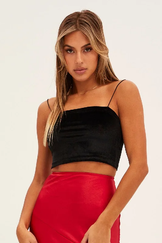 women's tops for casual FridaysBlack Velour Singlet Lounge Crop Top