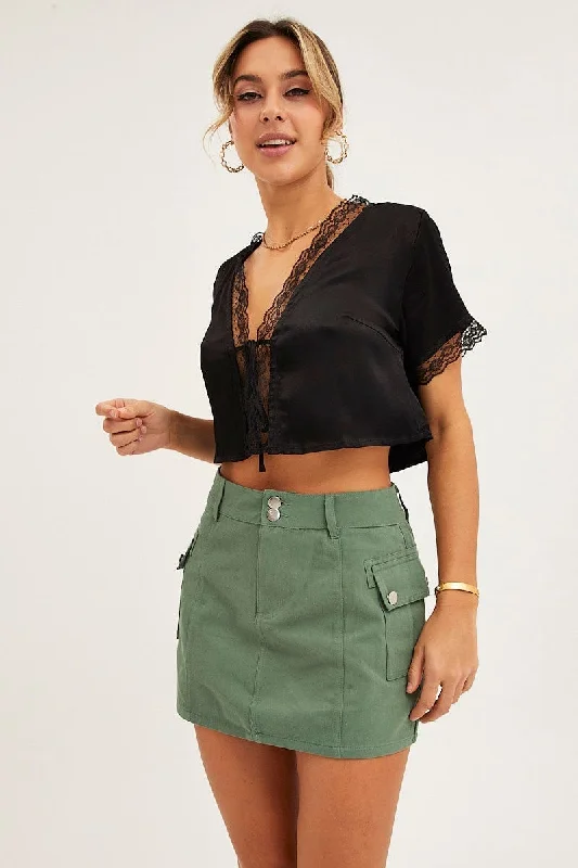 women's tops for picnics in the parkBlack Satin Top Short Sleeve