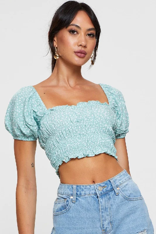 women's tops for those who want to create outfits that reflect their personal style and sense of fashionPrint Peplum Top Short Sleeve Crop