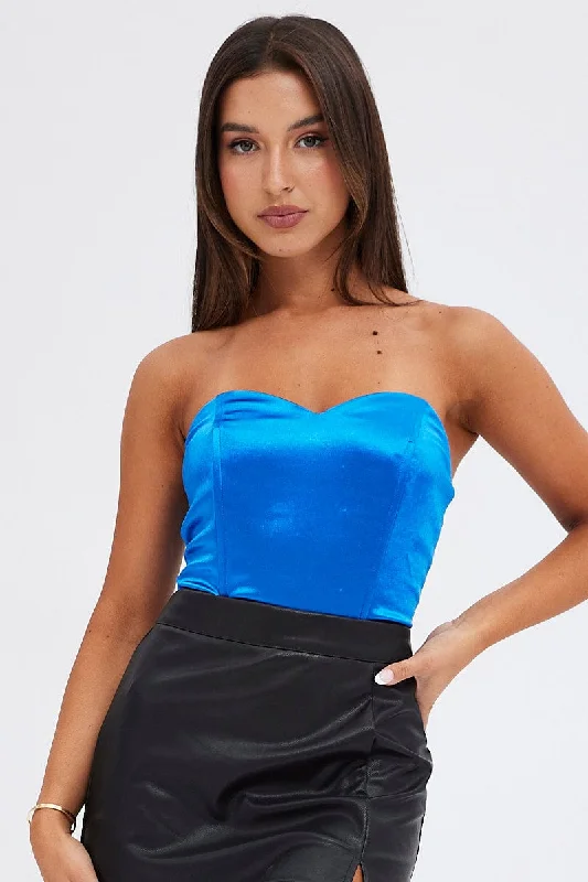 long-sleeved women's topsBlue Bodysuit Sleeveless Sweetheart Satin Stretch