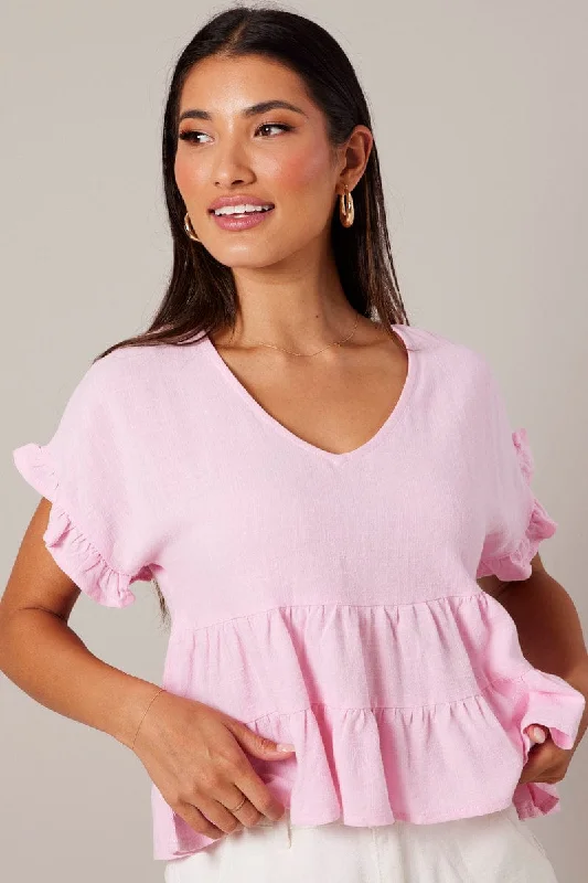 women's tops for those who believe in expressing their individuality through fashionPink Tiered Top Short Sleeve