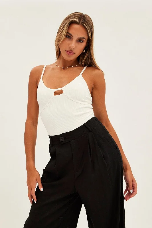 women's tops with cold-shoulder cuts and lace detailingWhite Rib Bodysuit Keyhole Detail