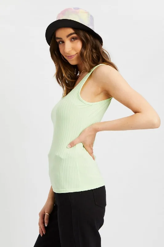 women's tops with embroidery detailsGreen Ribbed Scoop Neck Top