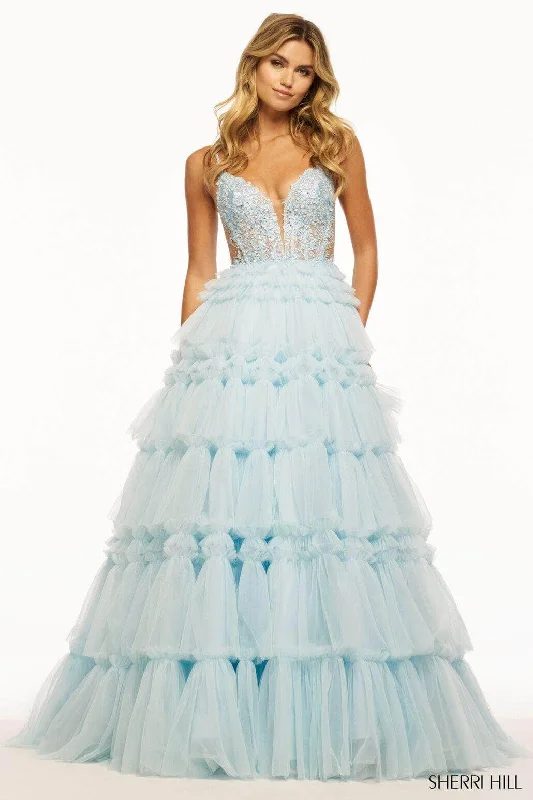 women's affordable dressesSherri Hill 56102 - Lace Appliqued Tiered Ballgown