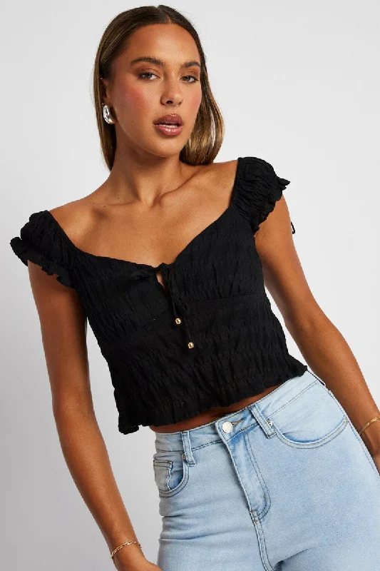 women's tops for those who want to add a touch of sophistication to their casual attireBlack Puff Sleeve Top Short Sleeve