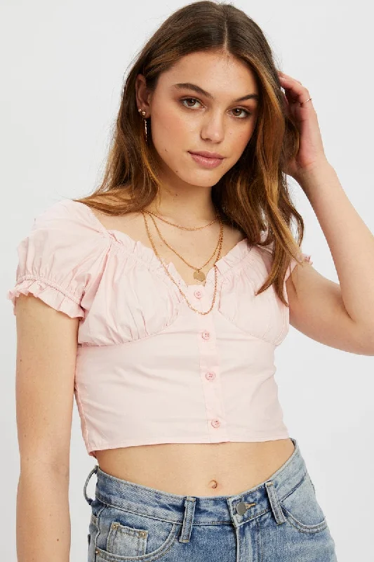 women's tops for those who love bold and vibrant colorsPink Button Front Puff Sleeve Milkmaid Top