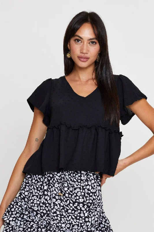 women's tops for cocktail partiesBlack Peplum Top Short Sleeve Button Front