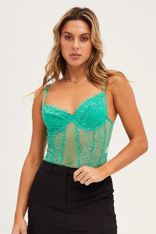 lace women's topsGreen Bodysuit Sleeveless Sweetheart Lace