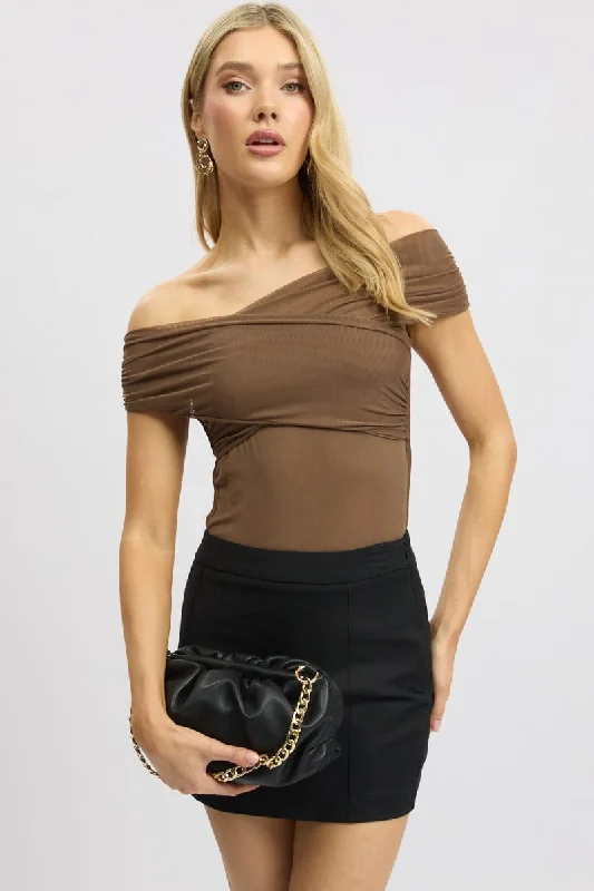 women's tops for cocktail partiesBrown Off Shoulder Bodysuit Mesh