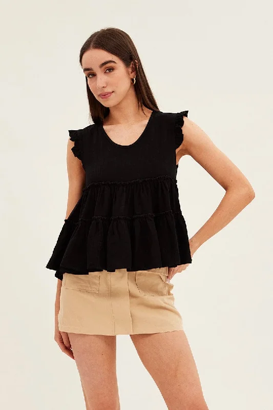 women's tops with cinched waistsBlack Ruffle Tiered Top