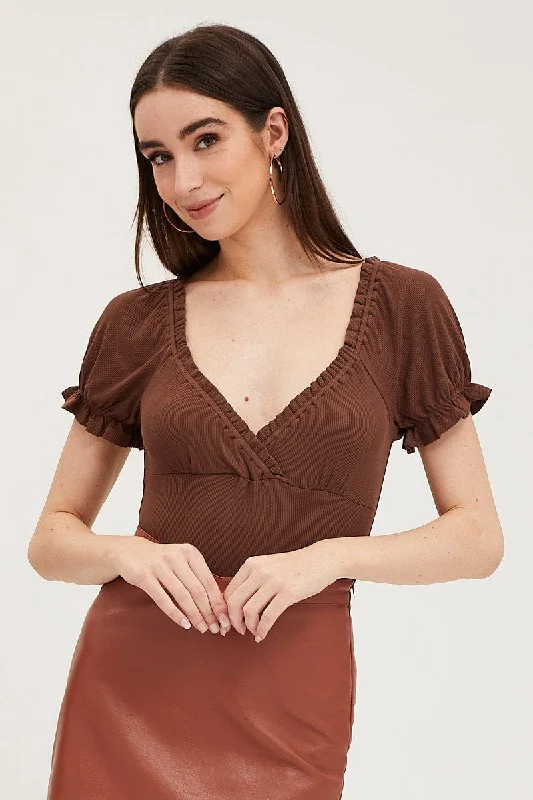 women's tops in solid colorsBrown Bodysuit Short Sleeve