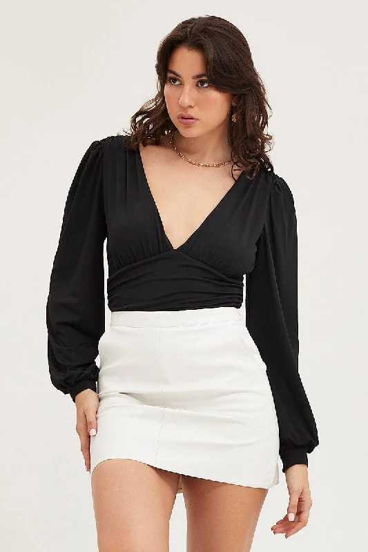 women's tops with ruffled hemsBlack Bodysuit Puff Sleeve