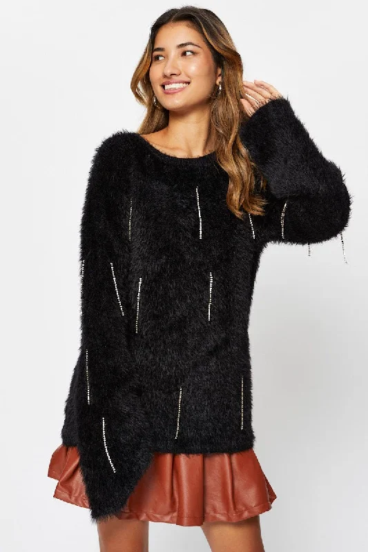 women's tops for those who believe in expressing their individuality through fashionBlack Oversized Fluffy Knit