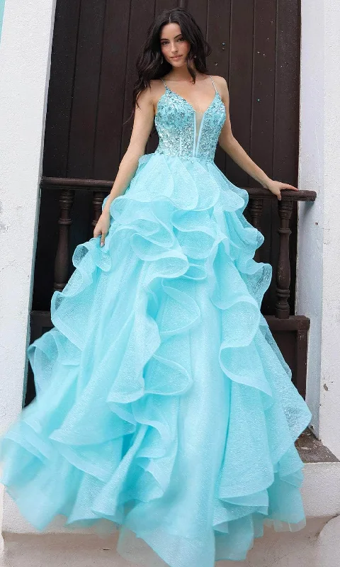 women's halter dressesNox Anabel R1433 - V-Neck Sleeveless Ballgown