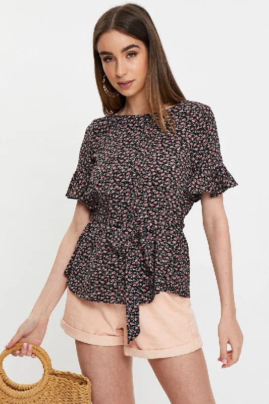 women's tops for smart casual looksFloral Print Frill Sleeve Blouse