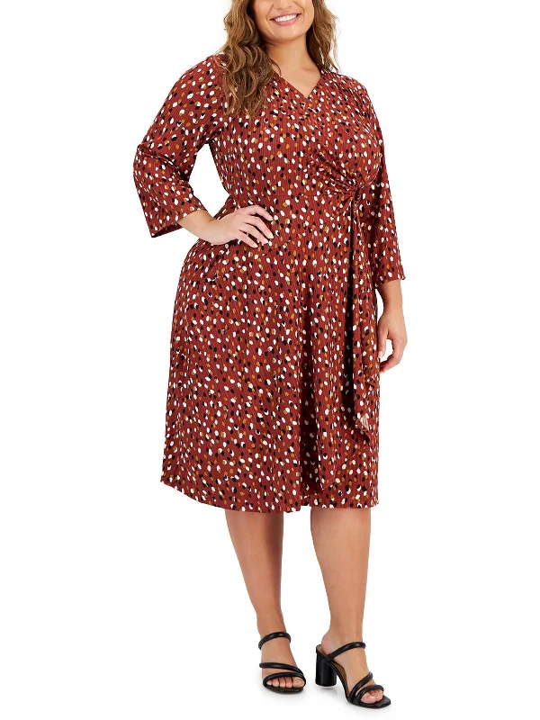 women's plus-size dressesPlus Womens Printed Elbow Sleeves Midi Dress