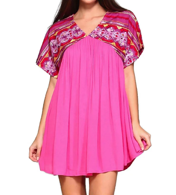 women's apple-shaped body dressesBoho Baby Doll Mini Dress - Plus In Fuchsia