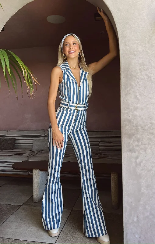 women's jumpsuits with Peter Pan collarsJacksonville Jumpsuit ~ Sand N Sea Stripe Denim