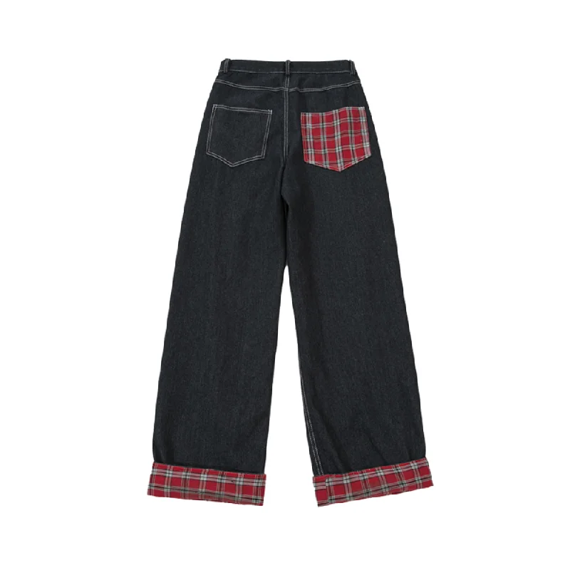 women's denim jeans for summerClassic Plaid Panel Roll-Up Jeans