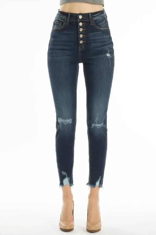 women's denim jeans with patchesHigh Rise Distressed Knee Jean In Dark Wash