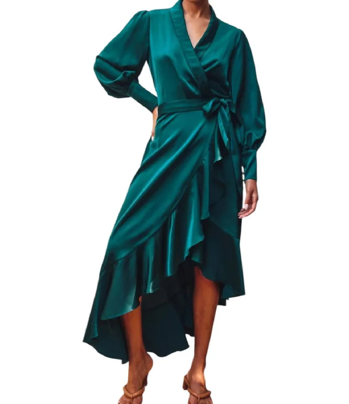 women's work dressesSatin Ruffled Midi Wrap Dress In Emerald Green