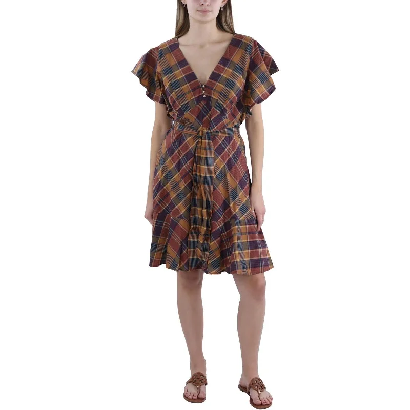 women's evening dressesWomens Plaid Flutter Sleeve Mini Dress