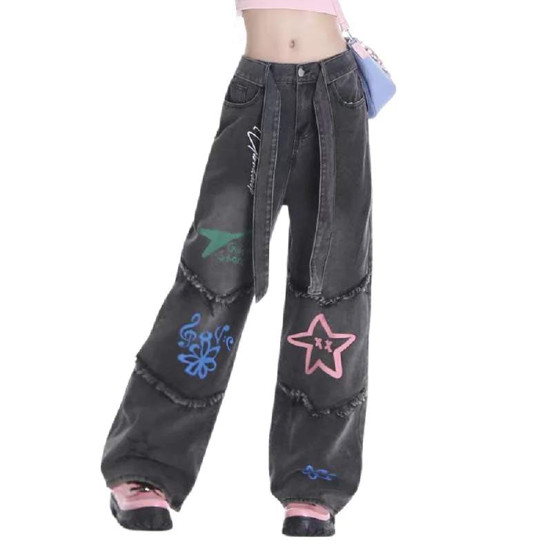 women's denim jeans with floral embroideryWomen's Star Graffiti Straight Leg Jeans