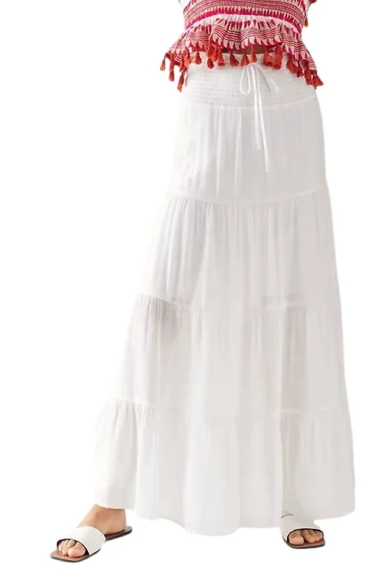 women's denim skirtsSmocked Tiered Double Layer Long Skirt In White