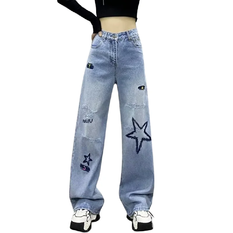 women's faded denim jeansWomen's High Street Letter Star Embroidered Jeans