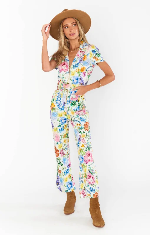 women's jumpsuits for glamorous eveningsJacksonville Short Sleeve Cropped Jumpsuit ~ Ivory Botanical Floral Denim