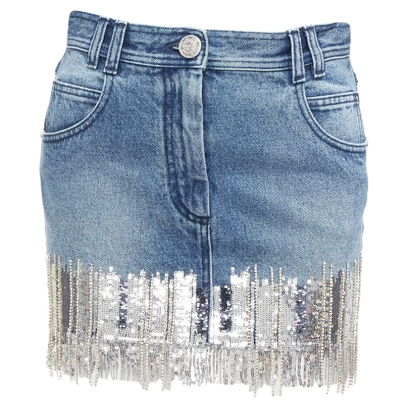 women's lace skirtsBalmain Washed Denim Silver Crystal Sequins Fringe Mini Skirt