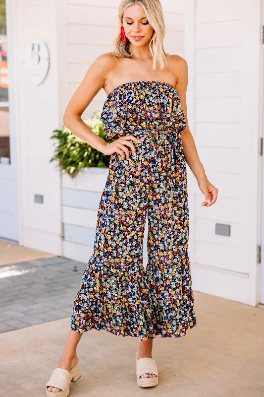 women's jumpsuits with round necksCan't Go Back Navy Blue Ditsy Floral Jumpsuit