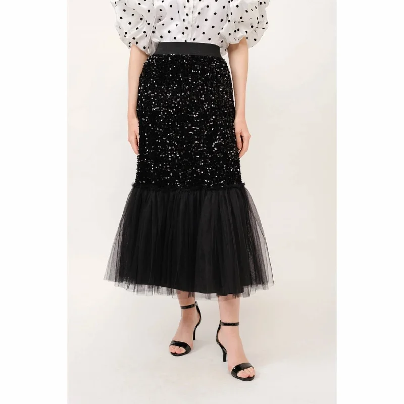 women's velvet mini skirtsSequins Maxi Skirt With Tulle Layers In Black