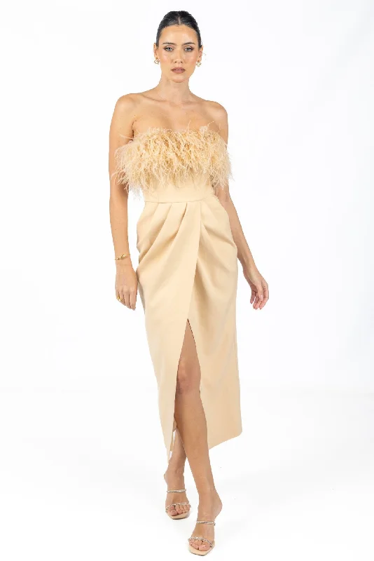 women's wrap dressesDiane Midi Feather Dress Beige