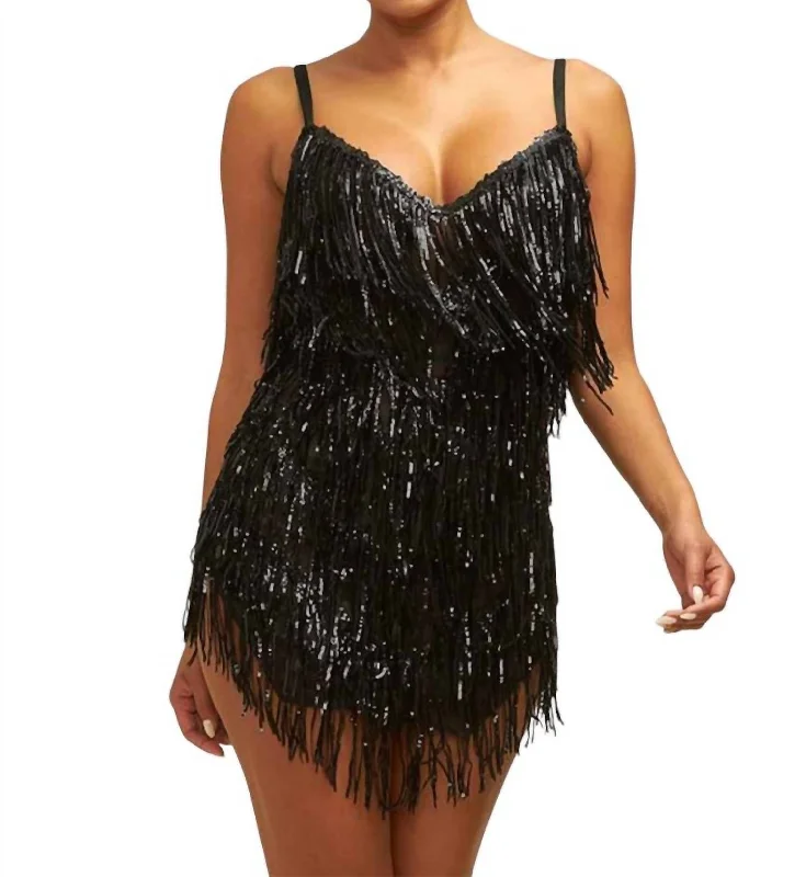 women's denim dressesSequin Fringe Mini Dress In Black