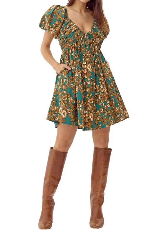 women's bell-sleeved dressesKarla Cotton Mini Dress In Teal Green-Camel