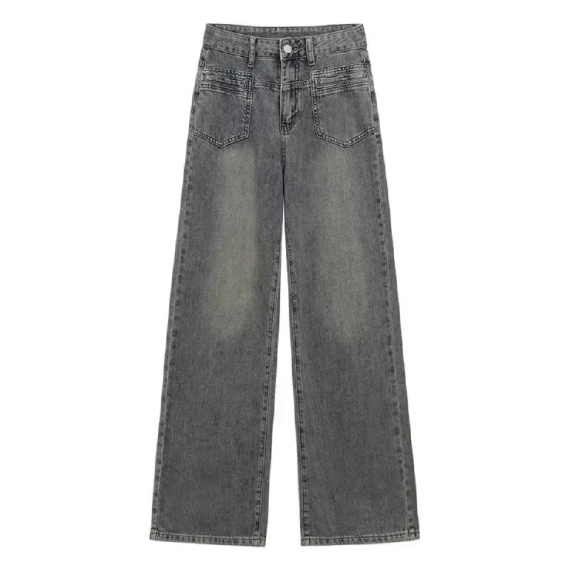 women's denim jeans with leather patchesWomen's Multi-Pocket Washed Jeans