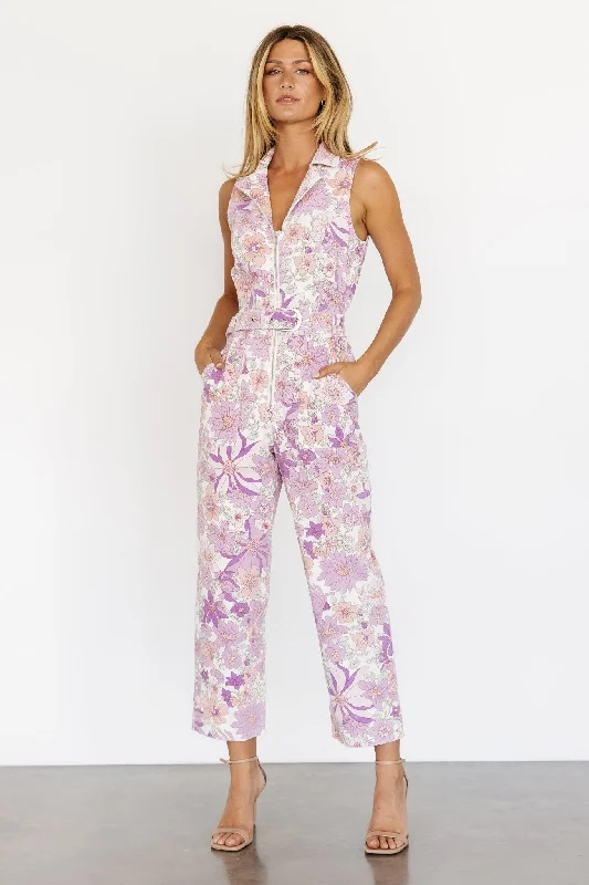 women's jumpsuits with Peter Pan collarsJoJo Sleeveless Jumpsuit | Purple Floral