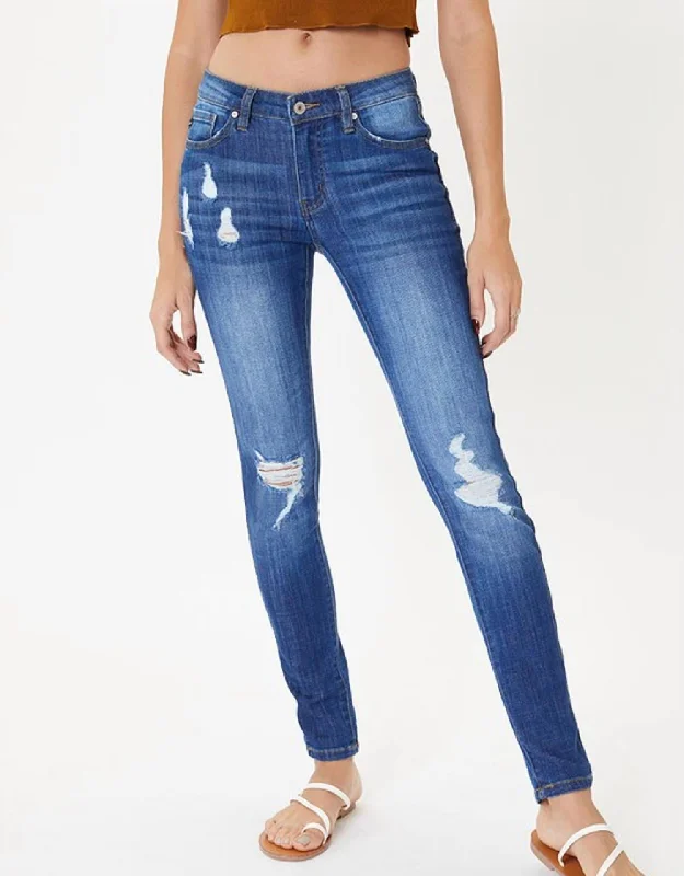 women's denim jeans with floral embroideryMid Rise Distressed Super Skinny Jean In Medium Wash