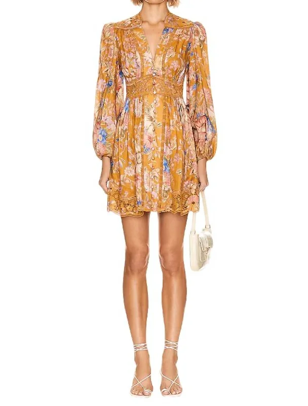 women's lace-up dressesAugust Plunge Mini Dress In Mustard Floral