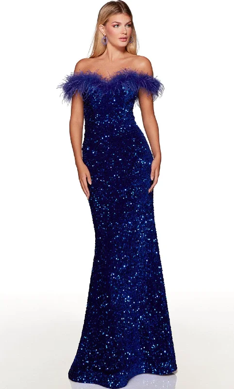 women's bell-sleeved dressesAlyce Paris 61379 - Off-Shoulder Feather Detailed Evening Dress